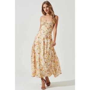 ASTR The Label Women's Mariella Taupe Yellow Floral Lined Maxi Dress